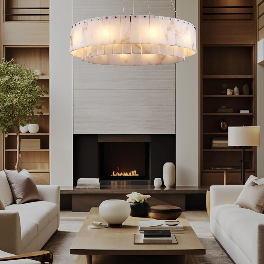 Alabaster Round Chandelier, Modern Marble Dining Room Chandelier 31'' - Fast Delivery-1-Luxehomezone