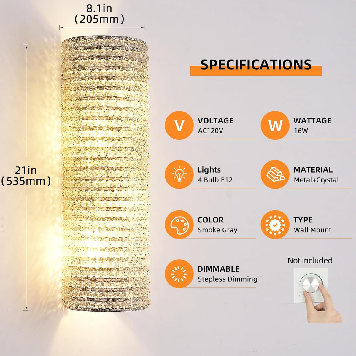 Smoke Grey Crystal Beaded Wall Sconce Light - Fast Delivery-1-Luxehomezone