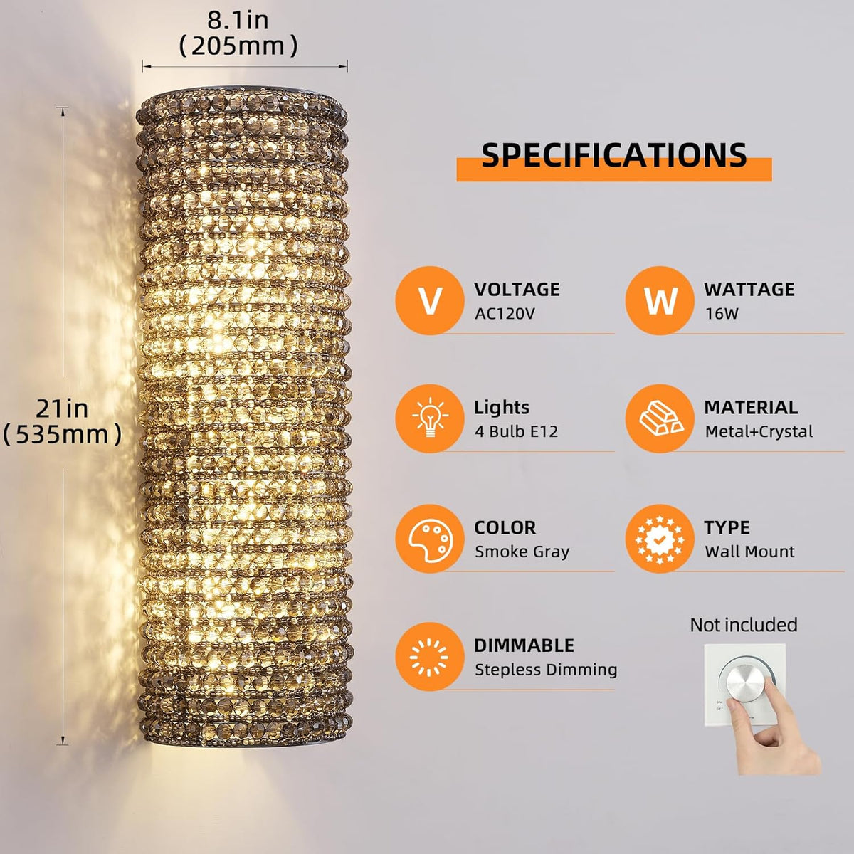 Smoke Grey Crystal Beaded Wall Sconce Light - Fast Delivery-1-Luxehomezone